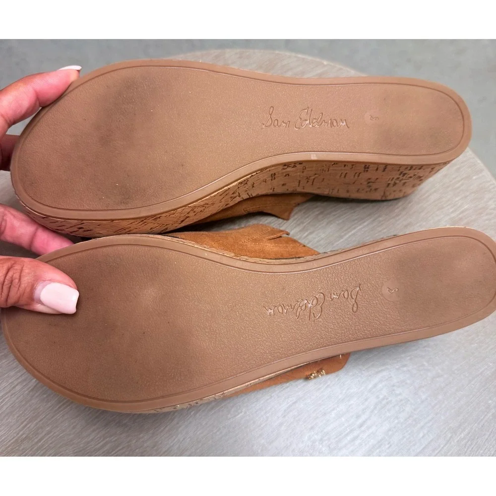 Sam Edelman 8  Womens Boho Ranger Brown Suede Cork Wedge Platform Slide Sandals